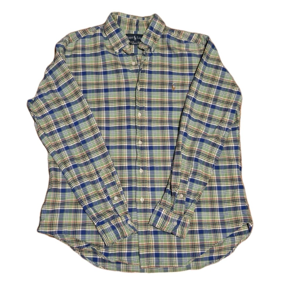 Ralph Lauren Shirt Mens Large Blue Green Plaid Long Sleeve Classic Fit Button Up